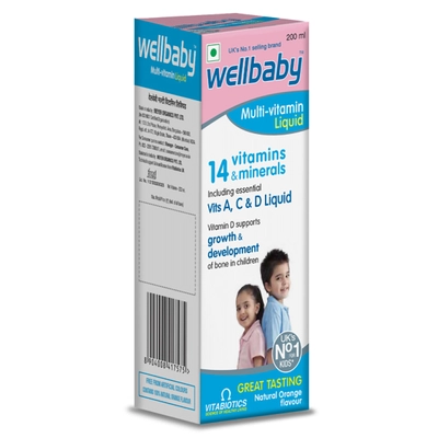 Wellbaby Multivitamin Orange Flavour Liquid, 200 ml, Pack of 1