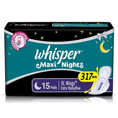 Whisper Maxi Night Sanitary Pads XL, 15 Count, Pack of 1