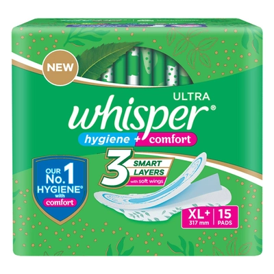 Whisper Ultra Clean Wings Sanitary Pads XL+, 15 Count, Pack of 1