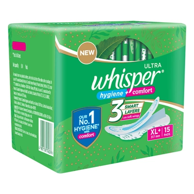 Whisper Ultra Clean Wings Sanitary Pads XL+, 15 Count, Pack of 1