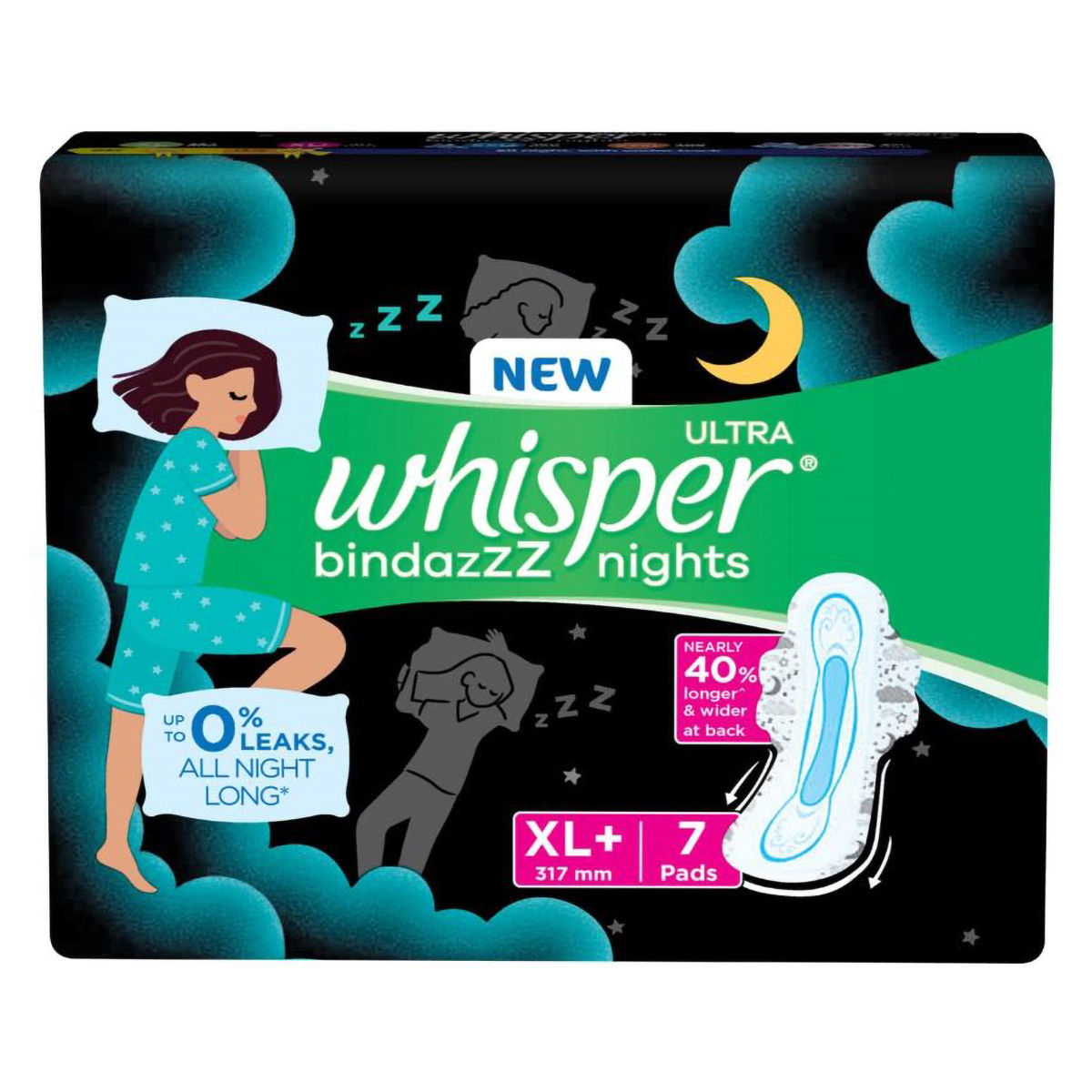 Buy Whisper Bindazzz Ultra Nights Sanitary Pads XL+, 7 Count Online