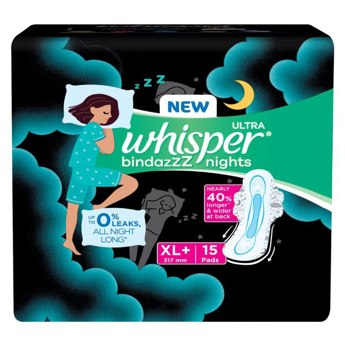 Buy Whisper Ultra Bindazzz Nights Sanitary Pads XL+, 15 Count Online