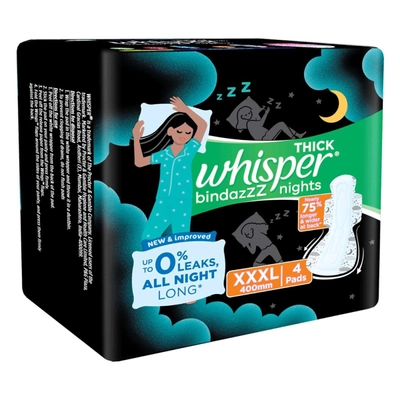 Whisper Bindazzz Nights Sanitary Pads XXXL, 4 Count, Pack of 1