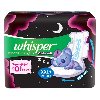 Whisper Bindazzz Nights Koala Soft Sanitary Pads XXL+, 10 Count, Pack of 1