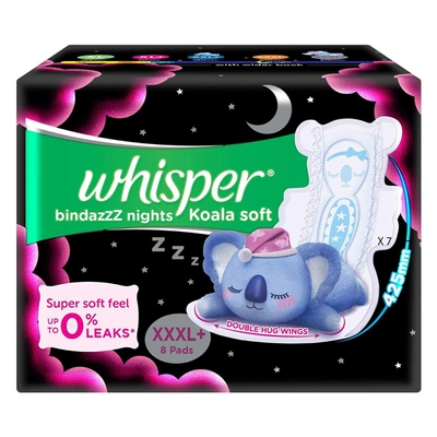 Whisper Bindazzz Nights Koala Soft Sanitary Pads XXXL+, 8 Count, Pack of 1