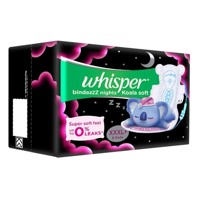 Whisper Bindazzz Nights Koala Soft Sanitary Pads XXXL+, 8 Count, Pack of 1