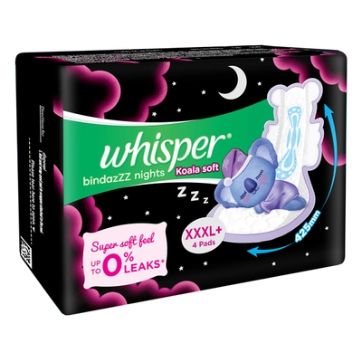 Whisper Bindazzz Nights Koala Soft Sanitary Pads XXXL+, 4 Count, Pack of 1