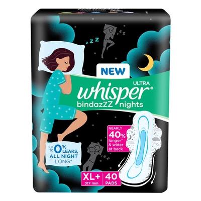 Whisper Ultra Bindazzz Nights Sanitary Pads XL+, 40 Count, Pack of 1