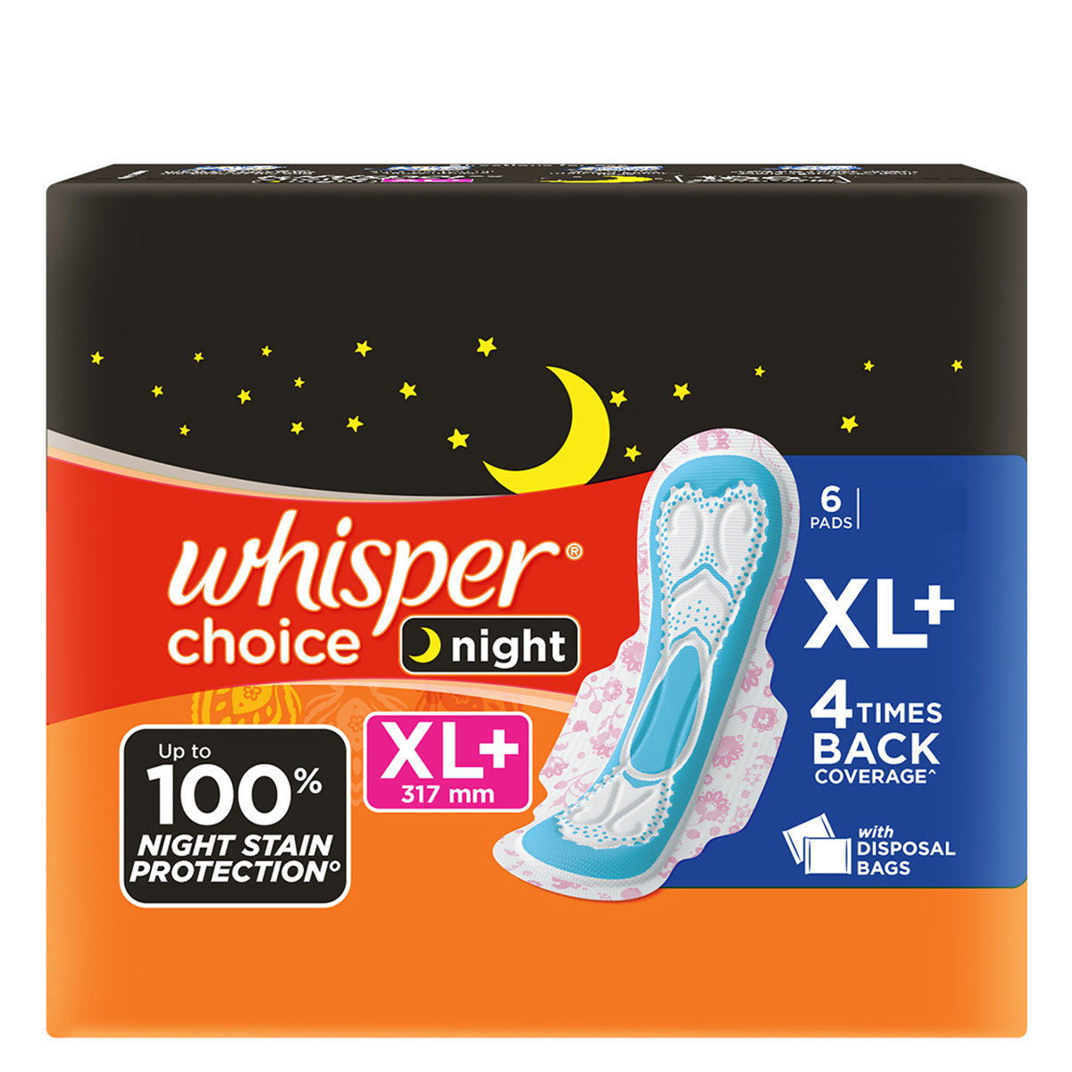 Whisper Choice Night Sanitary Pads XL+, 6 Count, Pack of 1 Whisper Choice Night Sanitary Pads XL+, 6 Count, Pack of 1