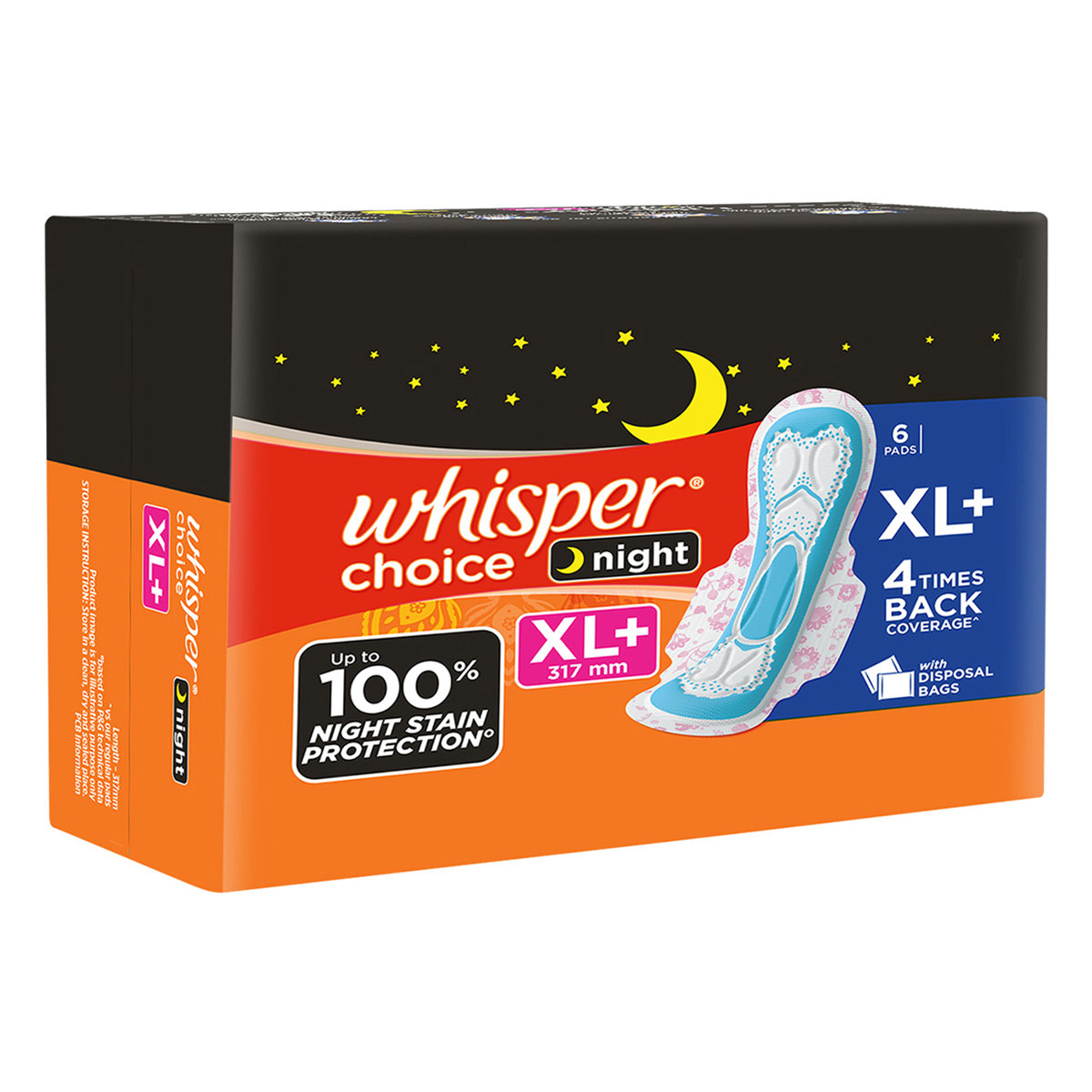 Whisper Choice Night Sanitary Pads XL+, 6 Count, Pack of 1 Whisper Choice Night Sanitary Pads XL+, 6 Count, Pack of 1