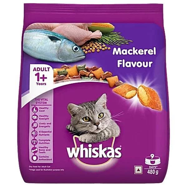 Whiskas Adult Mackerel Flavour Cat Food, 480 gm