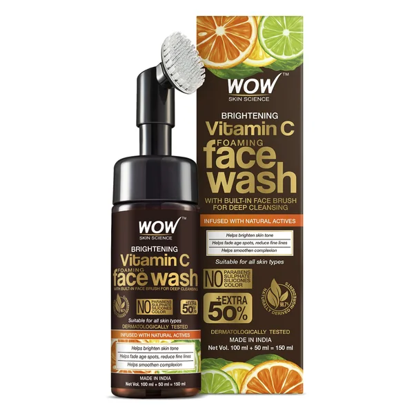 Wow Skin Science Brightening Vitamin-C Foaming Face Wash 100 ml | With Built In Face Brush | For Deep Cleansing | For Brighter Glowing Skin | For All Skin Type