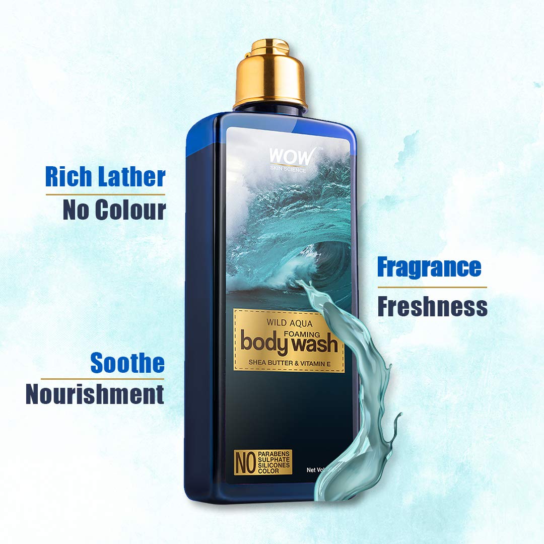 Wow Skin Science Wild Aqua Foaming Body Wash 250 ml | Shea Butter & Vitamin E | Soothes & Nourishes Skin With Refreshing Aquatic Fragrance, Pack of 1 Wow Skin Science Wild Aqua Foaming Body Wash 250 ml | Shea Butter & Vitamin E | Soothes & Nourishes Skin With Refreshing Aquatic Fragrance, Pack of 1