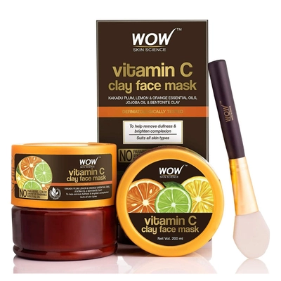 Wow Skin Science Vitamin C Clay Face Mask, 200 ml | Kakadu Plum, Lemon &amp; Orange Essential Oils, Jojoba Oil &amp; Bentonite Clay | Removes Dullness &amp; Brighten Complexion | For All Skin Type, Pack of 1