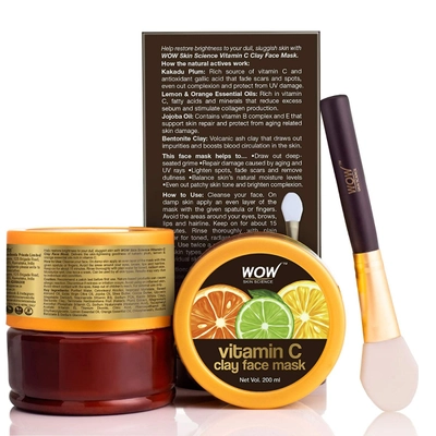 Wow Skin Science Vitamin C Clay Face Mask, 200 ml | Kakadu Plum, Lemon &amp; Orange Essential Oils, Jojoba Oil &amp; Bentonite Clay | Removes Dullness &amp; Brighten Complexion | For All Skin Type, Pack of 1