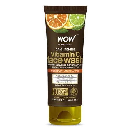 Wow Skin Science Brightening Vitamin-C Face Wash 50 ml | Mulberry & Liquorice Extract, Vitamin C, Oragne & Lemon Essential Oils | Removes Fine Line & Age Spots | Gives Glowing Bright Skin | For All Skin Type