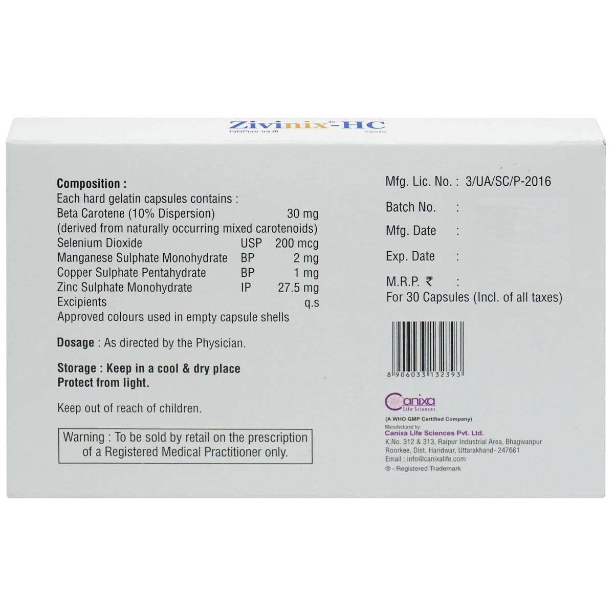 Zivinix-Hc Capsule 30'S, Pack of 30 CapsuleS Zivinix-Hc Capsule 30'S, Pack of 30 CapsuleS