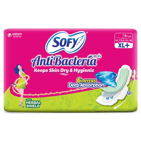 Sofy Anti Bacteria Sanitary Pads Super XL+, 6 Count, Pack of 1