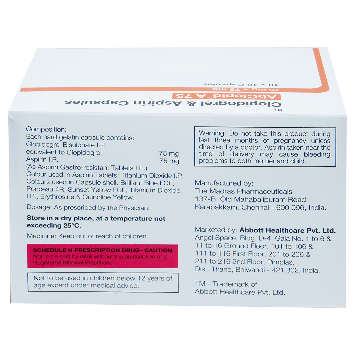 Abclopid A 75 mg Tablet 10's, Pack of 10 TABLETS Abclopid A 75 mg Tablet 10's, Pack of 10 TABLETS