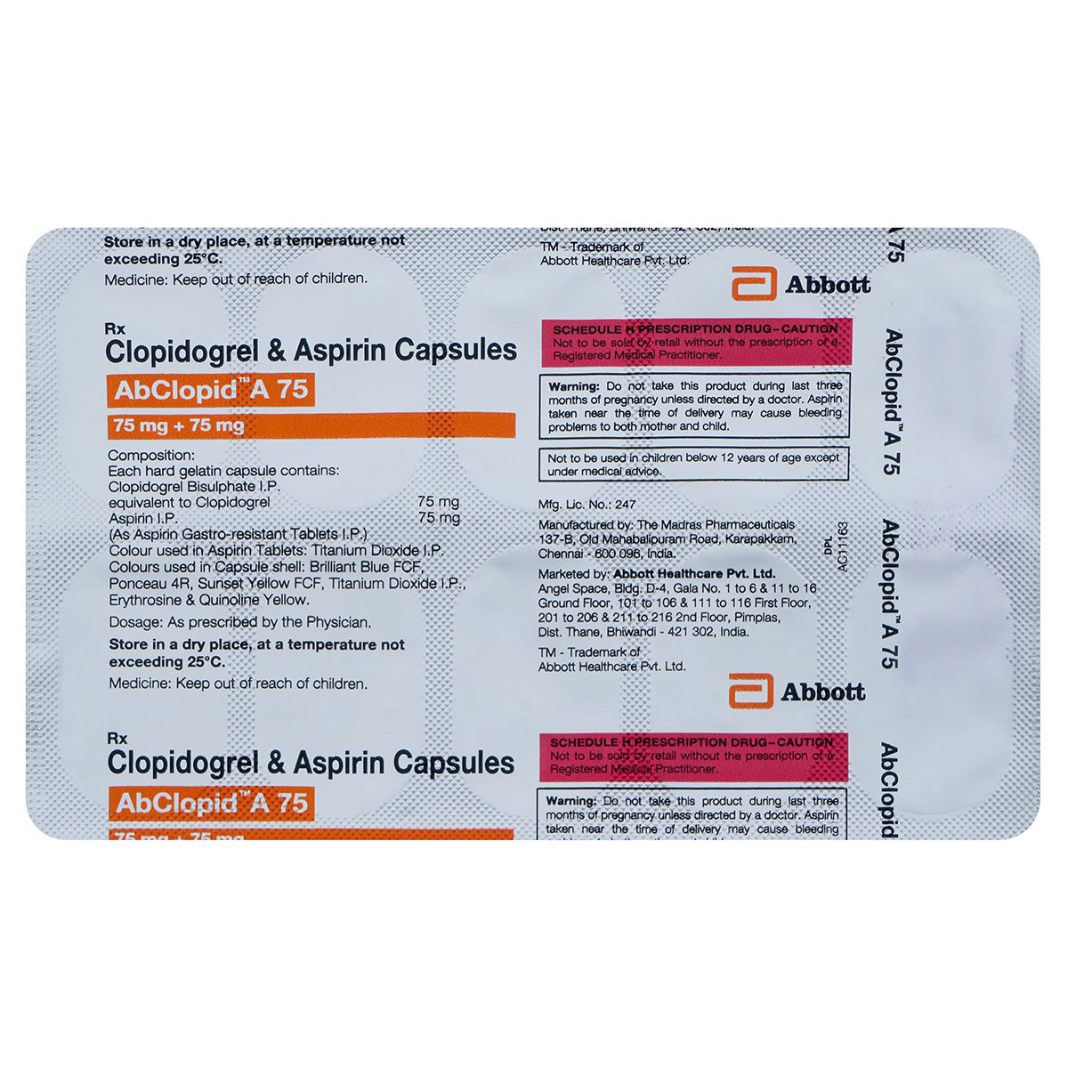 Abclopid A 75 mg Tablet 10's, Pack of 10 TABLETS Abclopid A 75 mg Tablet 10's, Pack of 10 TABLETS