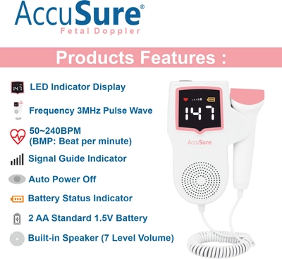 AccuSure Fetal Doppler FD-01 for Mothers Fetal Heart Rate Monitor, Pack of 1