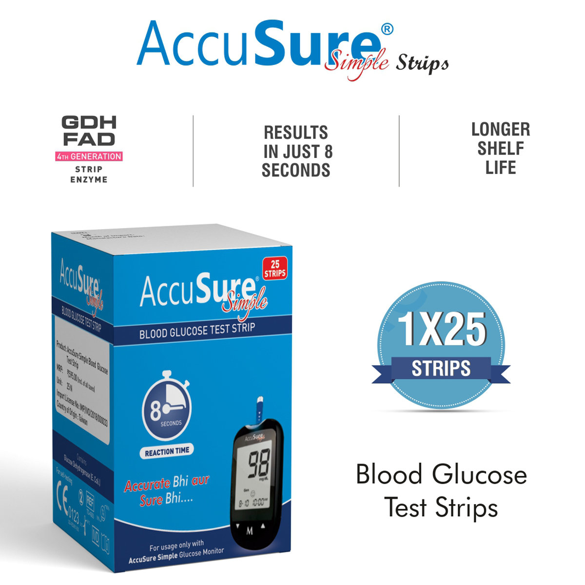 Accusure Simple Blood Glucose Test Strip, 25 Count, Pack of 1 Accusure Simple Blood Glucose Test Strip, 25 Count, Pack of 1