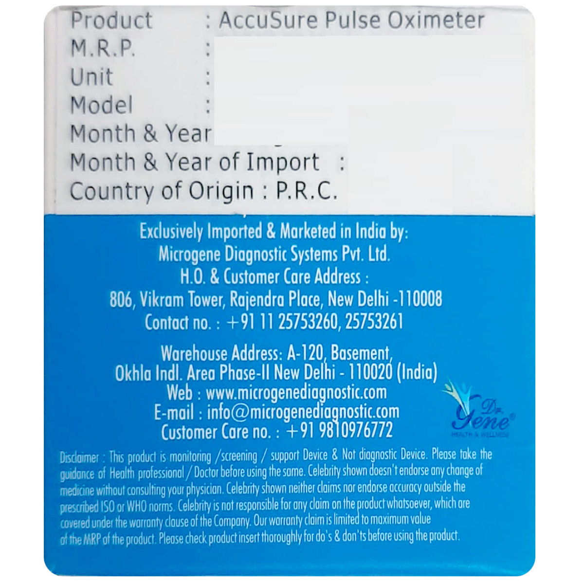 Dr. Gene Accusure Finger Pulse Oximeter FS10C, 1 Count, Pack of 1 Dr. Gene Accusure Finger Pulse Oximeter FS10C, 1 Count, Pack of 1
