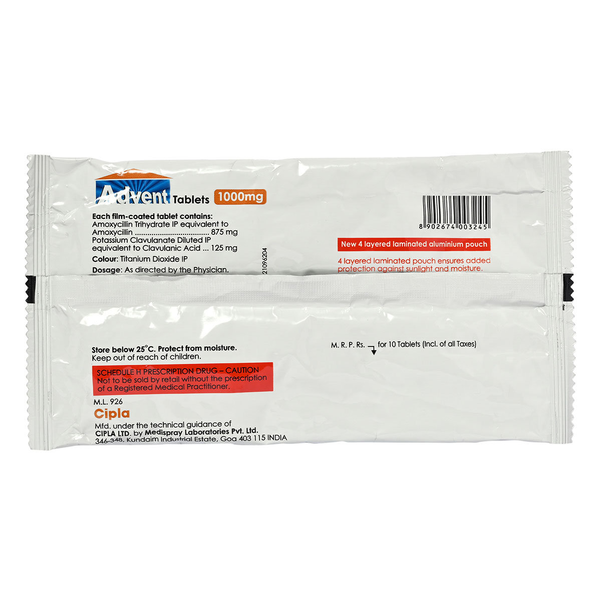 ADVENT 1000MG TABLET, Pack of 4 TABLETS ADVENT 1000MG TABLET, Pack of 4 TABLETS