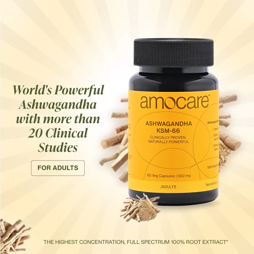 Amocare Ashwagandha KSM 66, 60 Veg Capsules, Pack of 1 Amocare Ashwagandha KSM 66, 60 Veg Capsules, Pack of 1