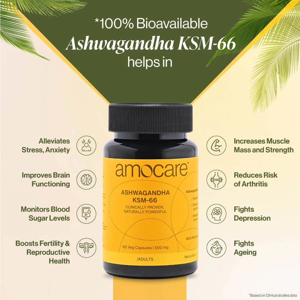 Amocare Ashwagandha KSM 66, 60 Veg Capsules, Pack of 1 Amocare Ashwagandha KSM 66, 60 Veg Capsules, Pack of 1