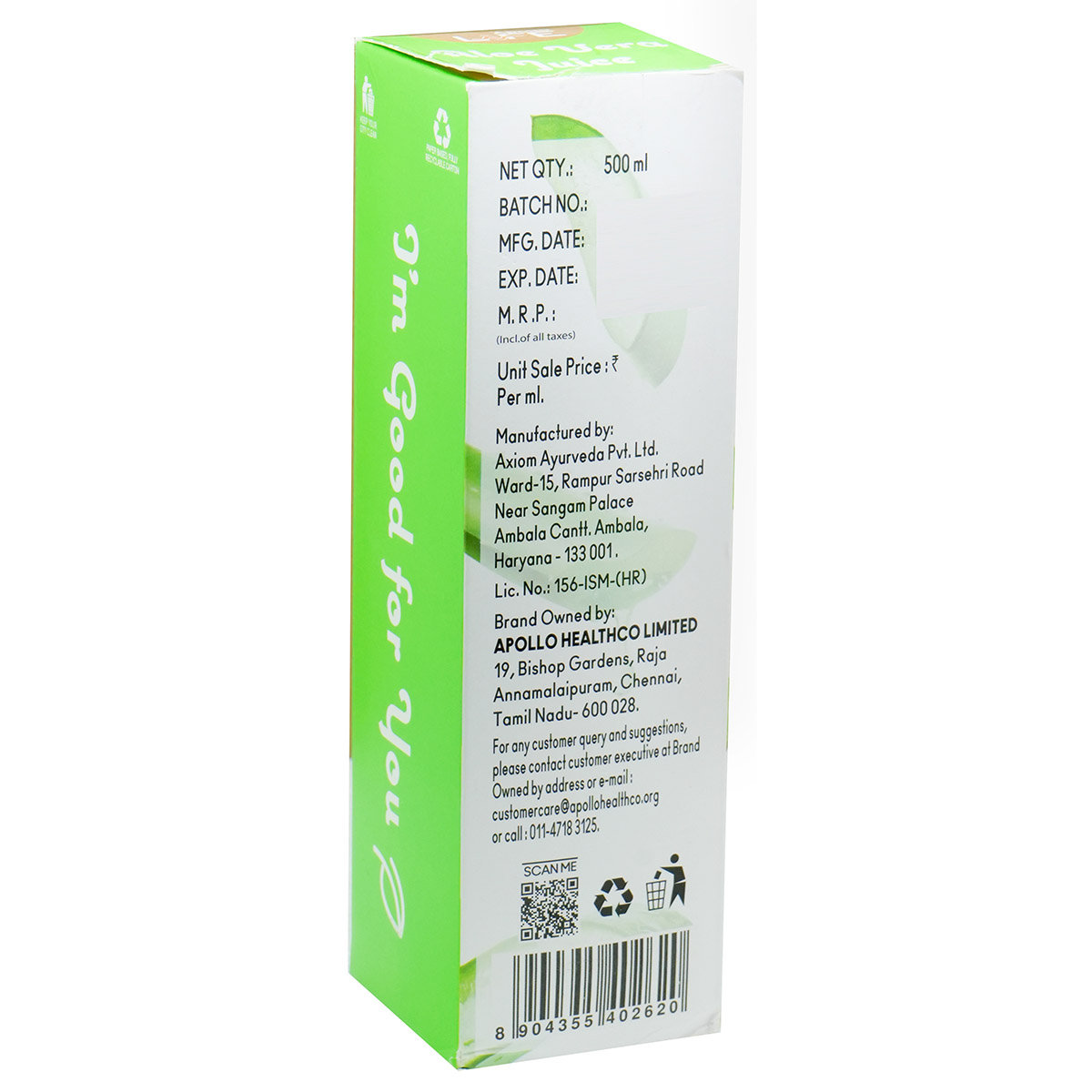 Apollo Life Aloe Vera Juice, 500 ml, Pack of 1 Apollo Life Aloe Vera Juice, 500 ml, Pack of 1