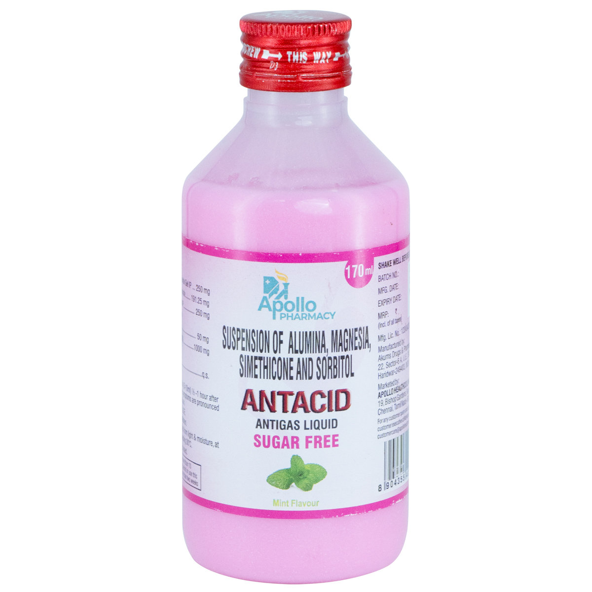 Apollo Pharmacy Antacid Antigas Mint Flavour Sugar Free Liquid, 170 ml, Pack of 1 Apollo Pharmacy Antacid Antigas Mint Flavour Sugar Free Liquid, 170 ml, Pack of 1