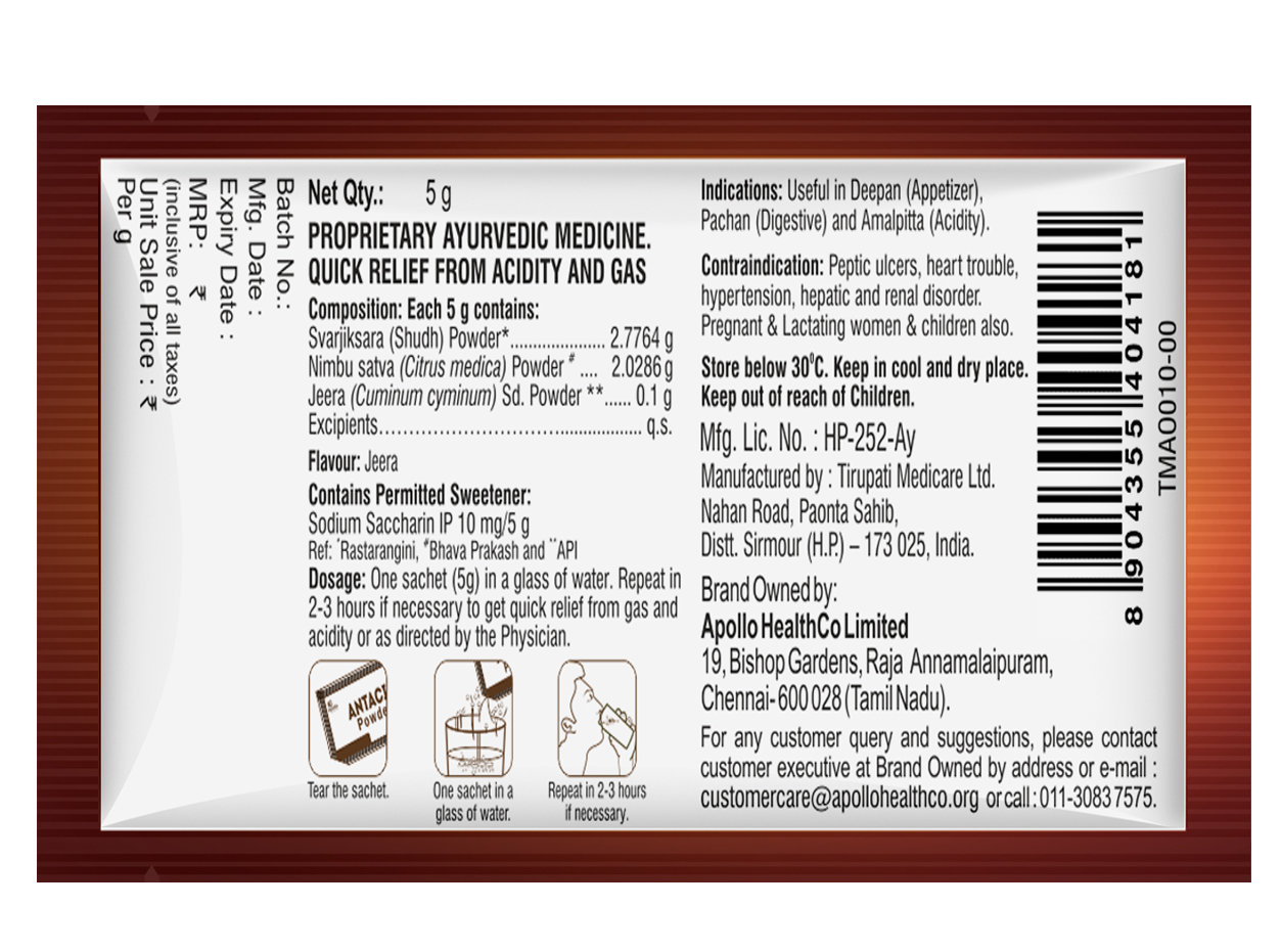 Apollo Pharmacy Antacid Jeera Flavour Powder, 30 gm (5gm x 6), Pack of 6 Apollo Pharmacy Antacid Jeera Flavour Powder, 30 gm (5gm x 6), Pack of 6