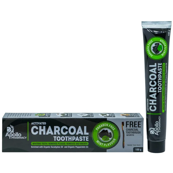 Apollo Pharmacy Activated Charcoal Mint Flavour Toothpaste + 1 Toothbrush Free, 100 gm, Pack of 1