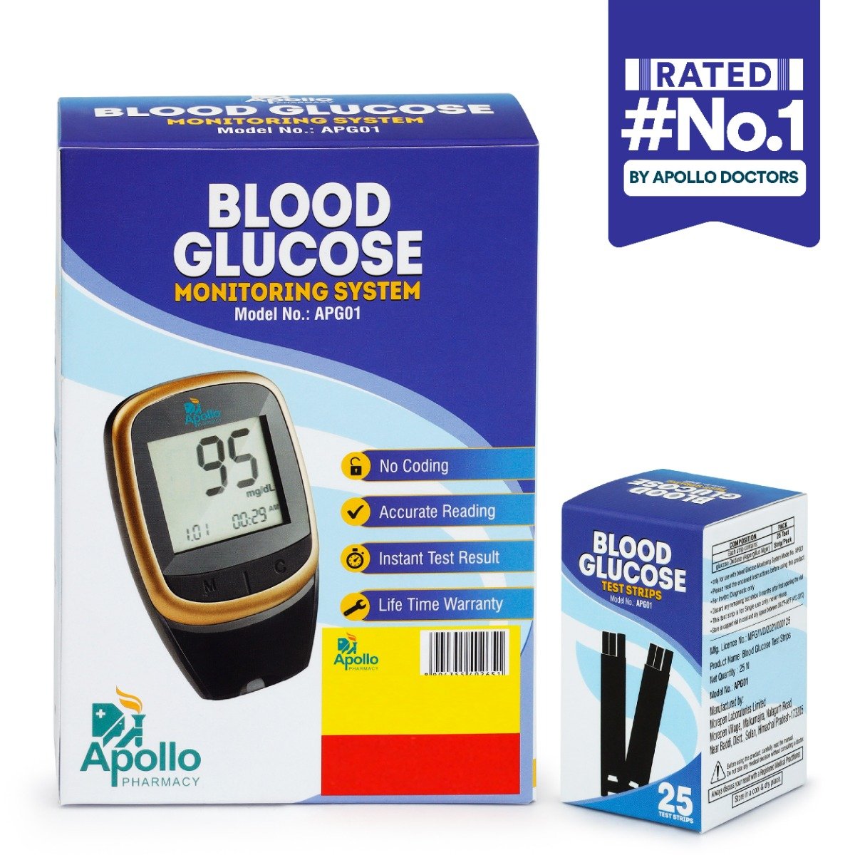 Apollo Pharmacy Blood Glucose Monitoring System APG01 with 25 Test Strips, 1 kit, Pack of 1 Apollo Pharmacy Blood Glucose Monitoring System APG01 with 25 Test Strips, 1 kit, Pack of 1