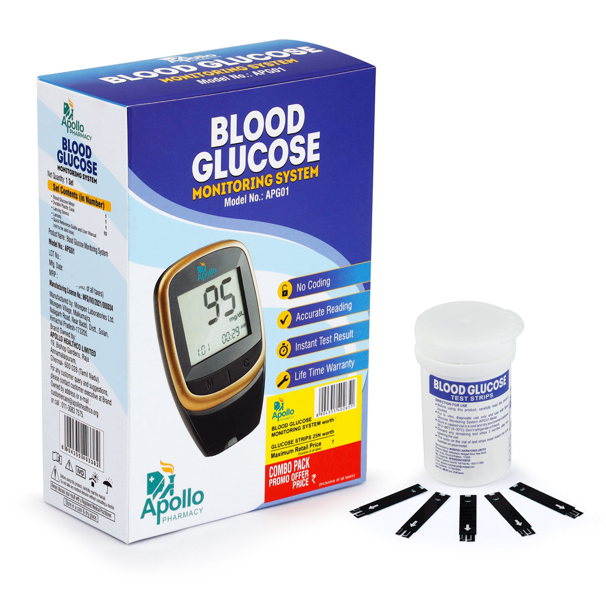 Buy Apollo Pharmacy Blood Glucose Monitoring System APG01 with 25 Test Strips, 1 kit Online