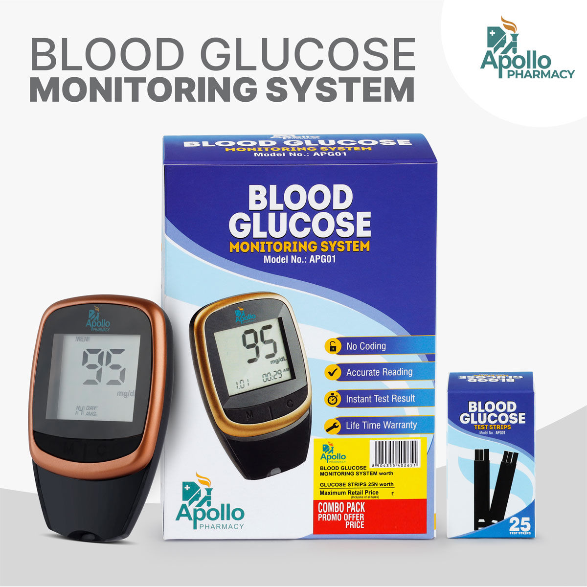Apollo Pharmacy Blood Glucose Monitoring System APG01 with 25 Test Strips, 1 kit, Pack of 1 