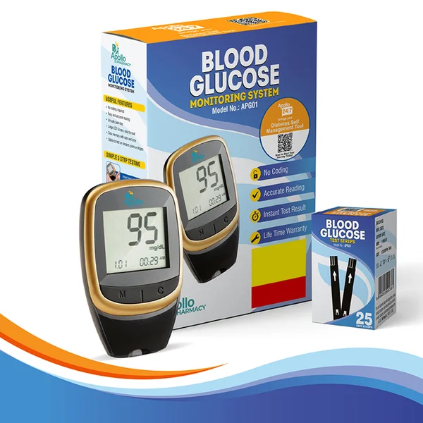 Apollo Pharmacy Blood Glucose Monitoring System APG01 with 25 Test Strips, 1 kit