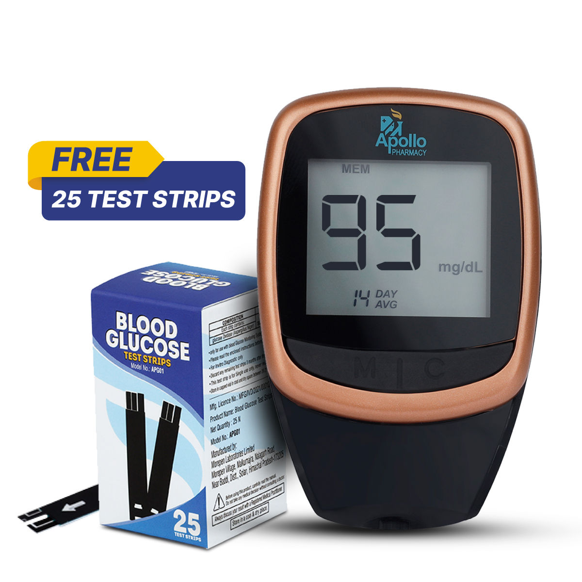 Buy Apollo Pharmacy Smart Blood Glucose Monitoring Bluetooth System with Diabetes Management App, APG-01 + 25 Test Strips, 1 kit Online