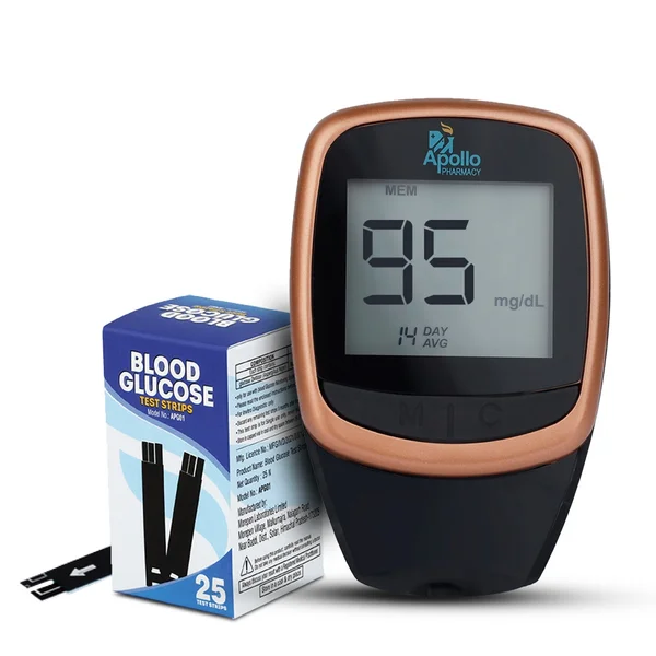 Apollo Pharmacy Smart Blood Glucose Monitoring Bluetooth System with Diabetes Management App, APG-01 + 25 Test Strips, 1 kit, Pack of 1