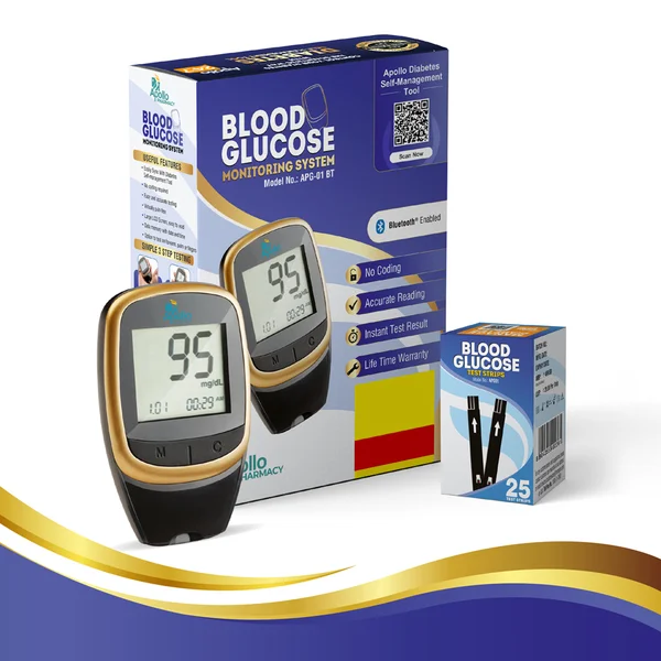 Apollo Pharmacy Smart Blood Glucose Monitoring Bluetooth System with Diabetes Management App, APG-01 + 25 Test Strips, 1 kit