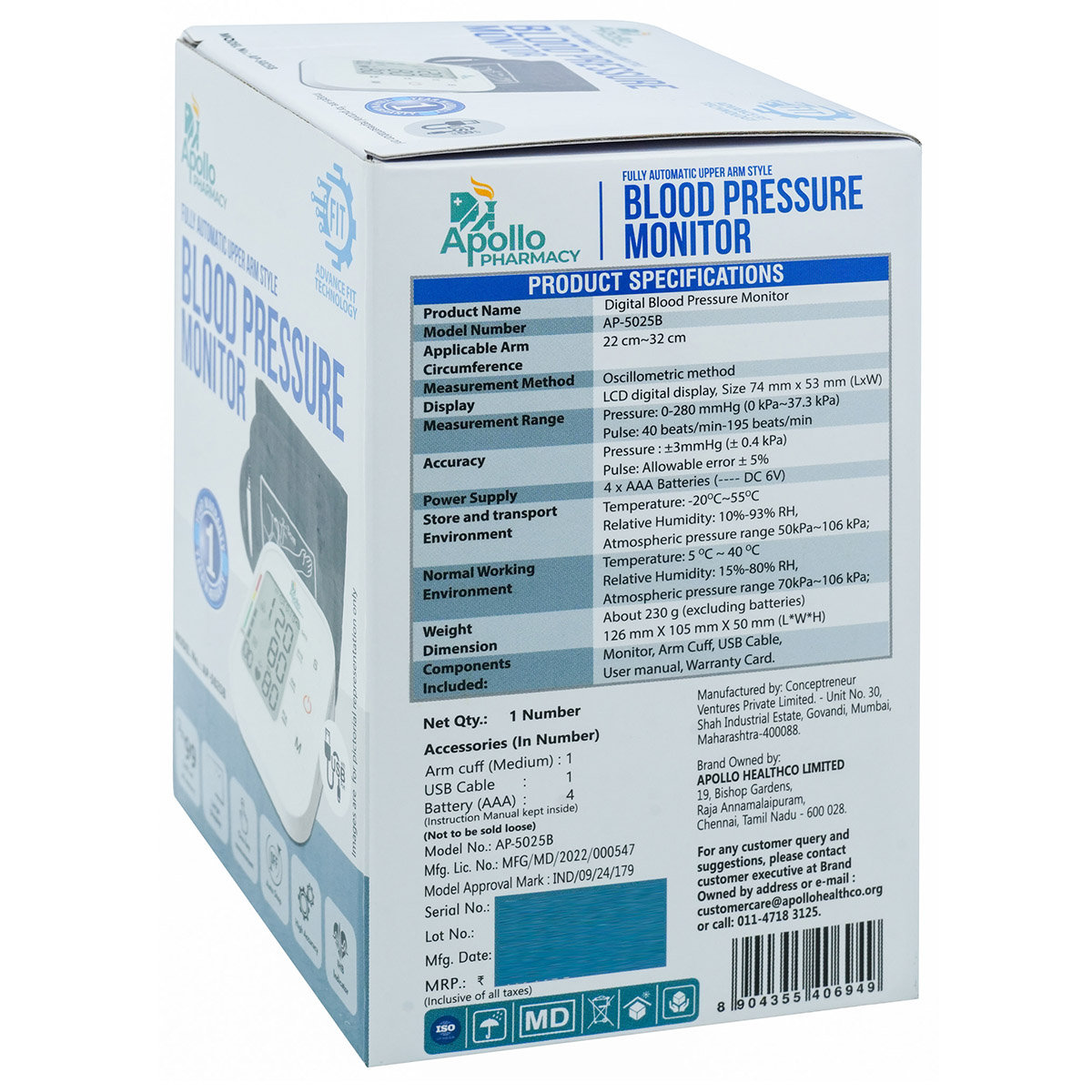 Apollo Pharmacy Fully Automatic Upper Arm Style Blood Pressure Monitor AP-5025B, 1 Count, Pack of 1 Apollo Pharmacy Fully Automatic Upper Arm Style Blood Pressure Monitor AP-5025B, 1 Count, Pack of 1