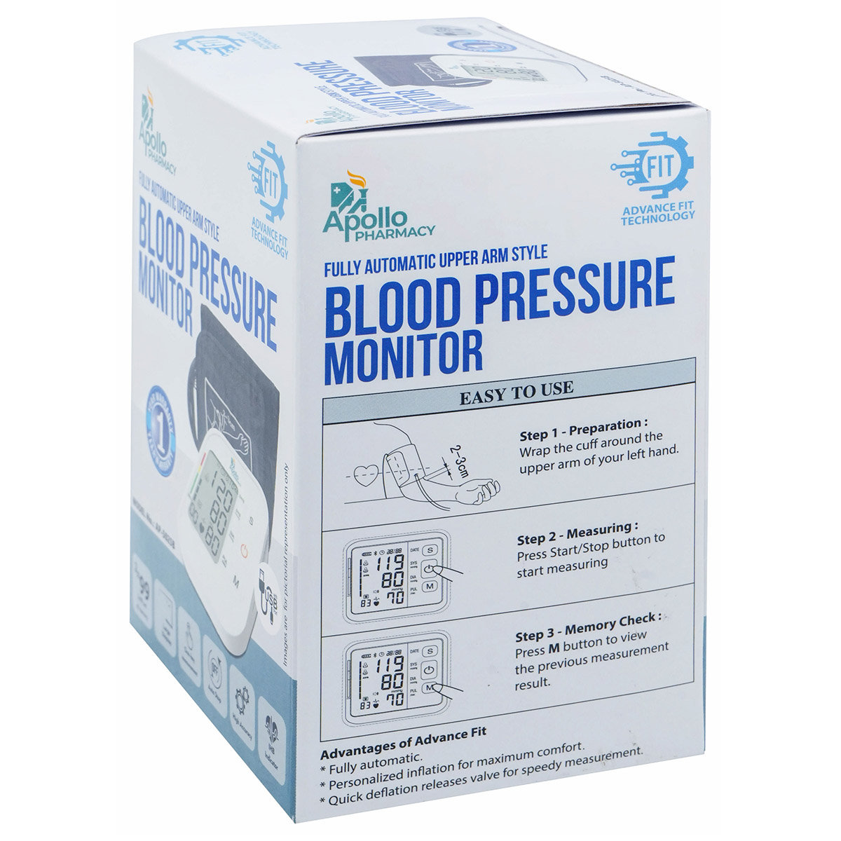 Apollo Pharmacy Fully Automatic Upper Arm Style Blood Pressure Monitor AP-5025B, 1 Count, Pack of 1 Apollo Pharmacy Fully Automatic Upper Arm Style Blood Pressure Monitor AP-5025B, 1 Count, Pack of 1