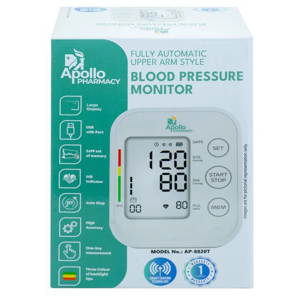 Apollo Pharmacy Fully Automatic Upper Arm Style Blood Pressure Monitor AP-8820T, 1 Count, Pack of 1