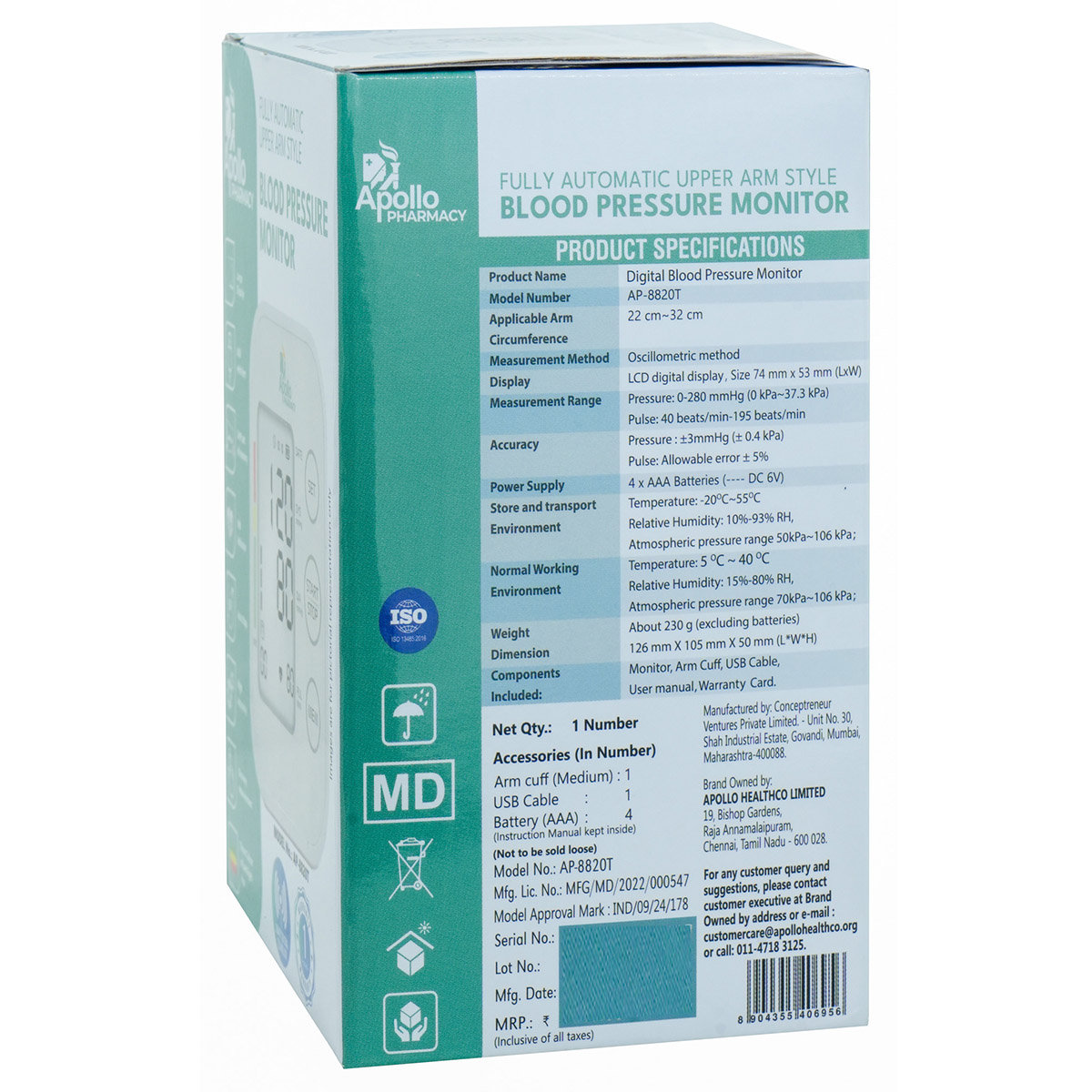 Apollo Pharmacy Fully Automatic Upper Arm Style Blood Pressure Monitor AP-8820T, 1 Count, Pack of 1 Apollo Pharmacy Fully Automatic Upper Arm Style Blood Pressure Monitor AP-8820T, 1 Count, Pack of 1