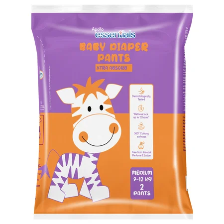 Apollo Essentials Baby Diaper Pants Xtra Absorb-Medium, 2 Count