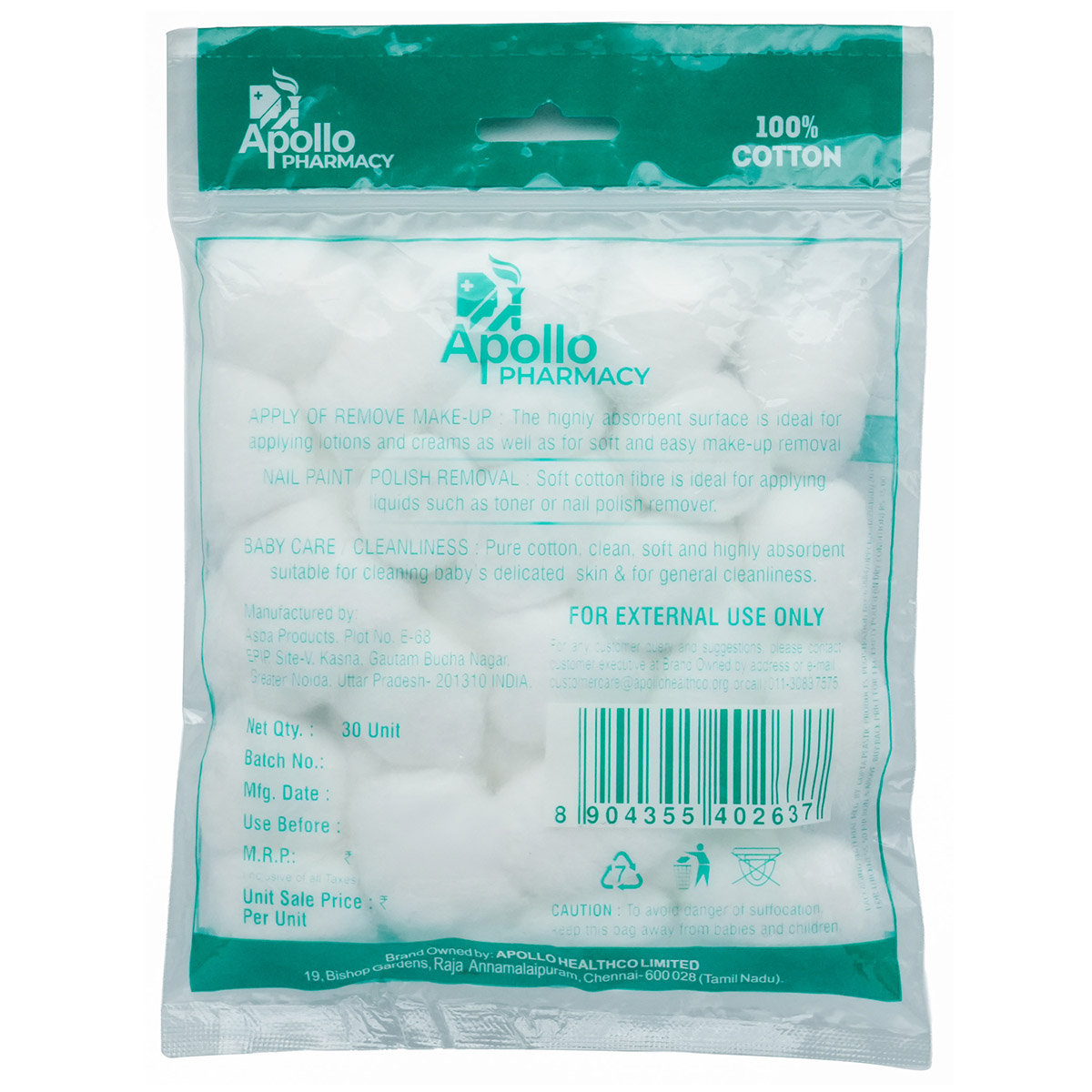 Apollo Pharmacy Sterilized Cotton Balls, 30 Count, Pack of 1 Apollo Pharmacy Sterilized Cotton Balls, 30 Count, Pack of 1