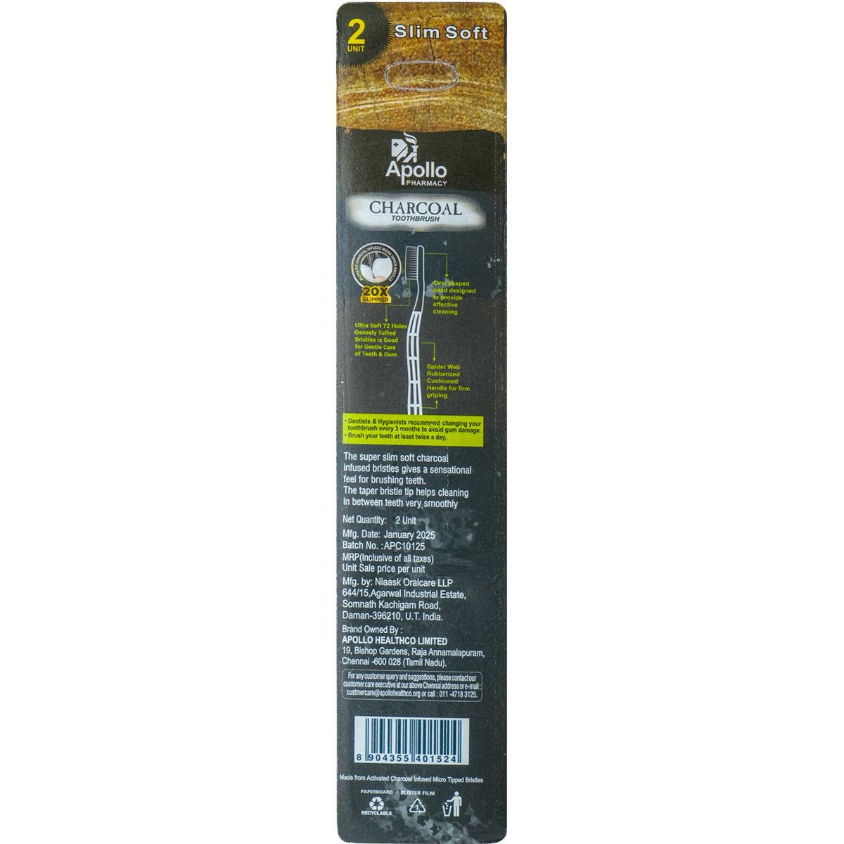 Apollo Pharmacy Charcoal Slim Soft Toothbrush Combo, 4 Count, Pack of 2 Apollo Pharmacy Charcoal Slim Soft Toothbrush Combo, 4 Count, Pack of 2