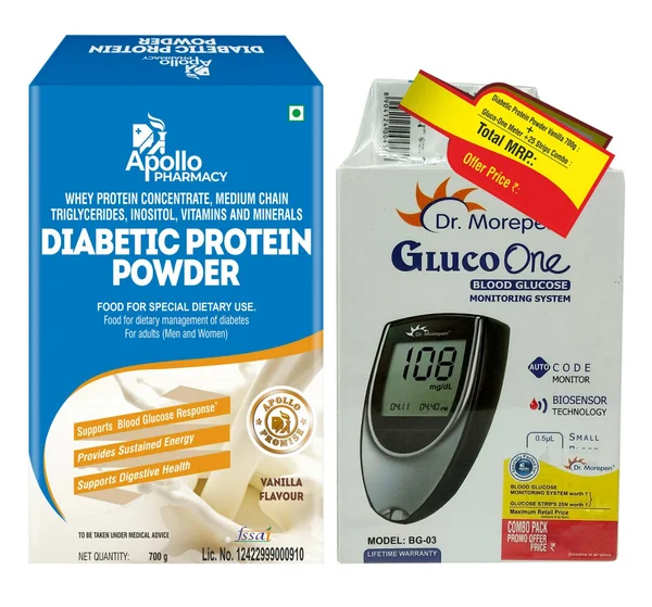 Apollo Pharmacy Diabetic Vanilla Flavour Powder 700 gm & Gluco-One Blood Glucose Monitoring System+25 Strip, Combo Pack