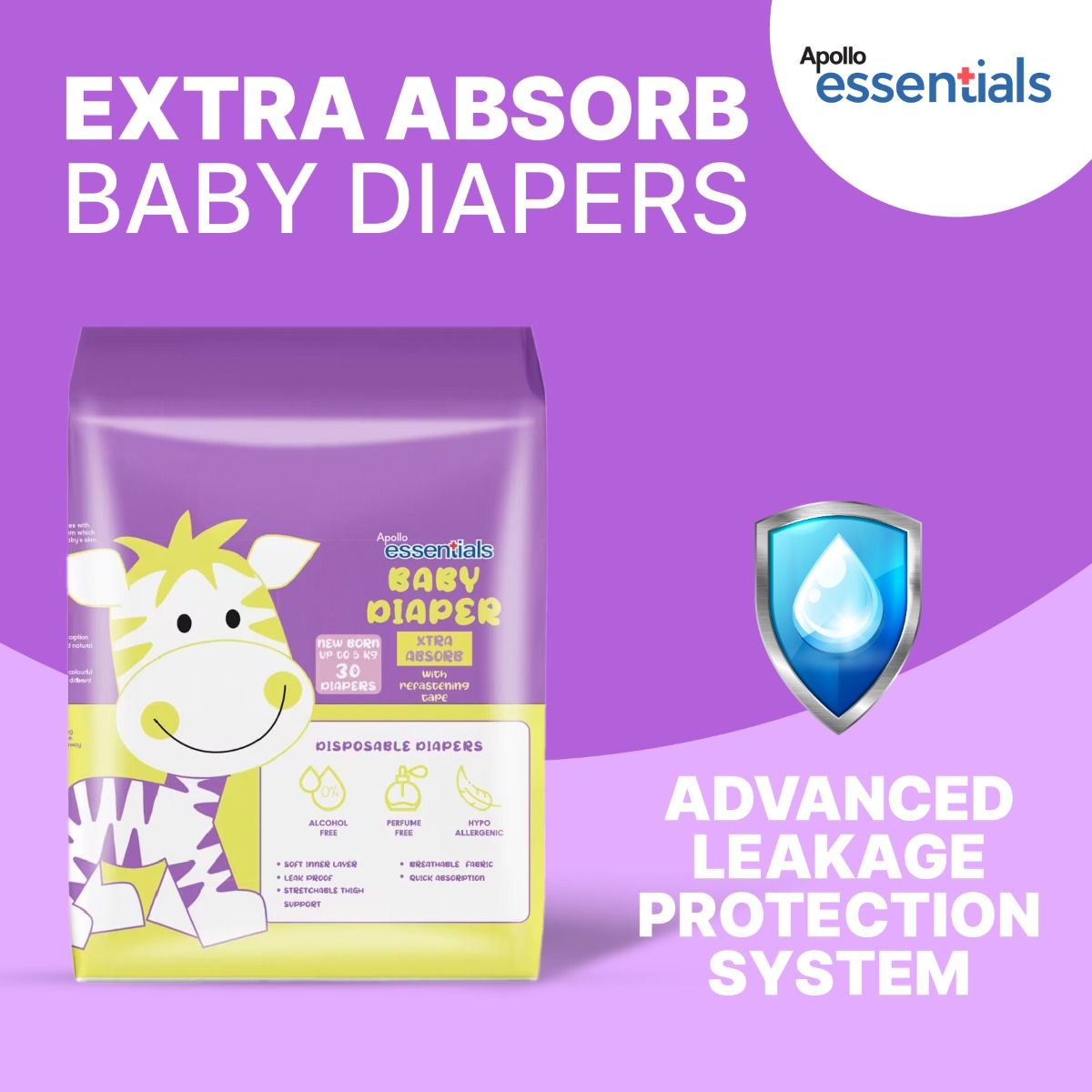 Apollo Essentials Extra Absorb Baby Diapers New Born, 30 Count Price